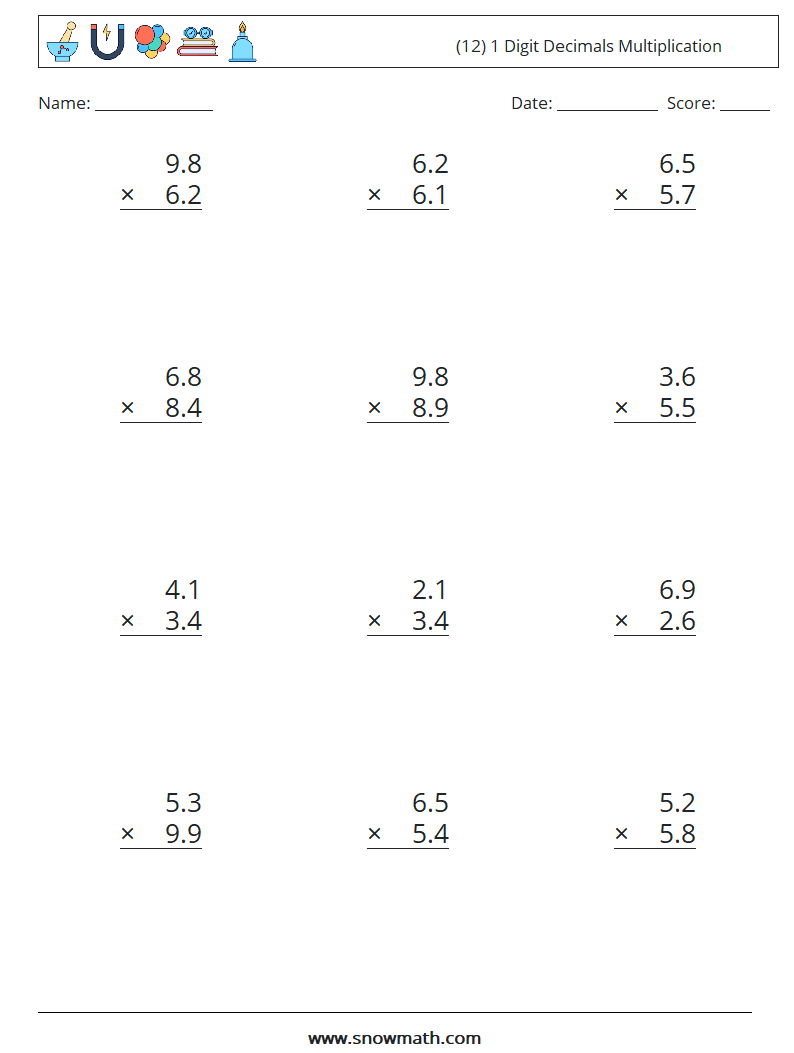 (12) 1 Digit Decimals Multiplication Maths Worksheets 15