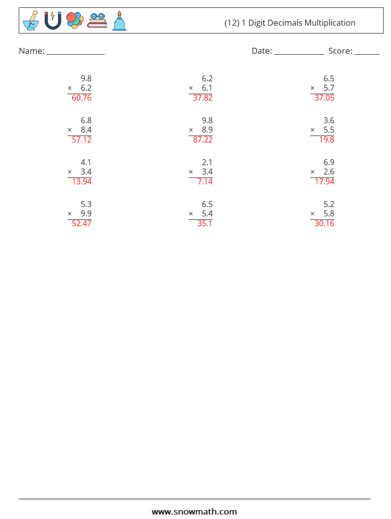 (12) 1 Digit Decimals Multiplication Maths Worksheets 15 Question, Answer