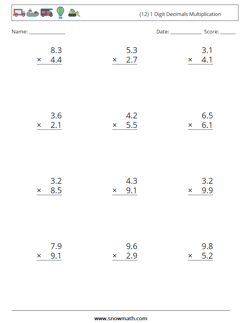 (12) 1 Digit Decimals Multiplication Maths Worksheets 16