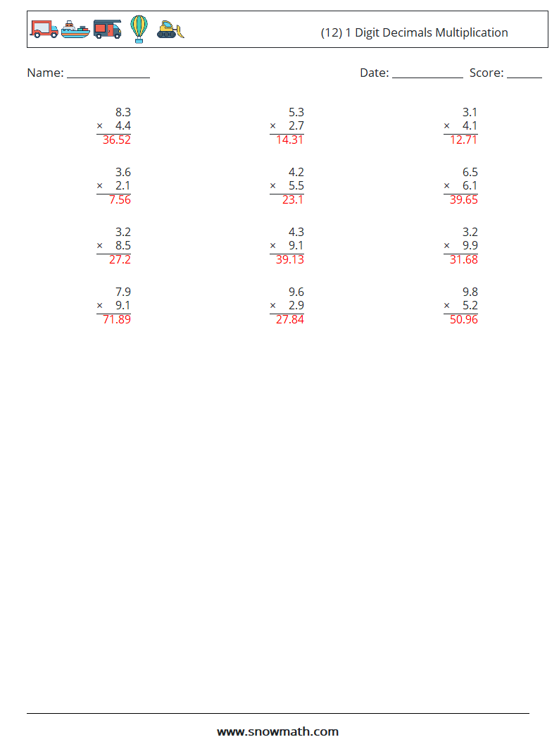 (12) 1 Digit Decimals Multiplication Maths Worksheets 16 Question, Answer