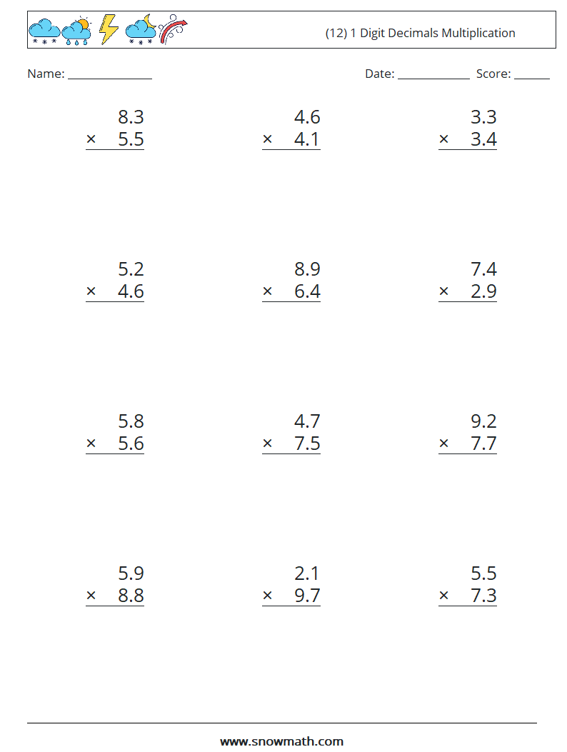 (12) 1 Digit Decimals Multiplication Maths Worksheets 17