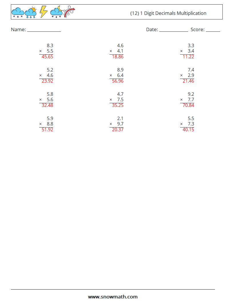 (12) 1 Digit Decimals Multiplication Maths Worksheets 17 Question, Answer