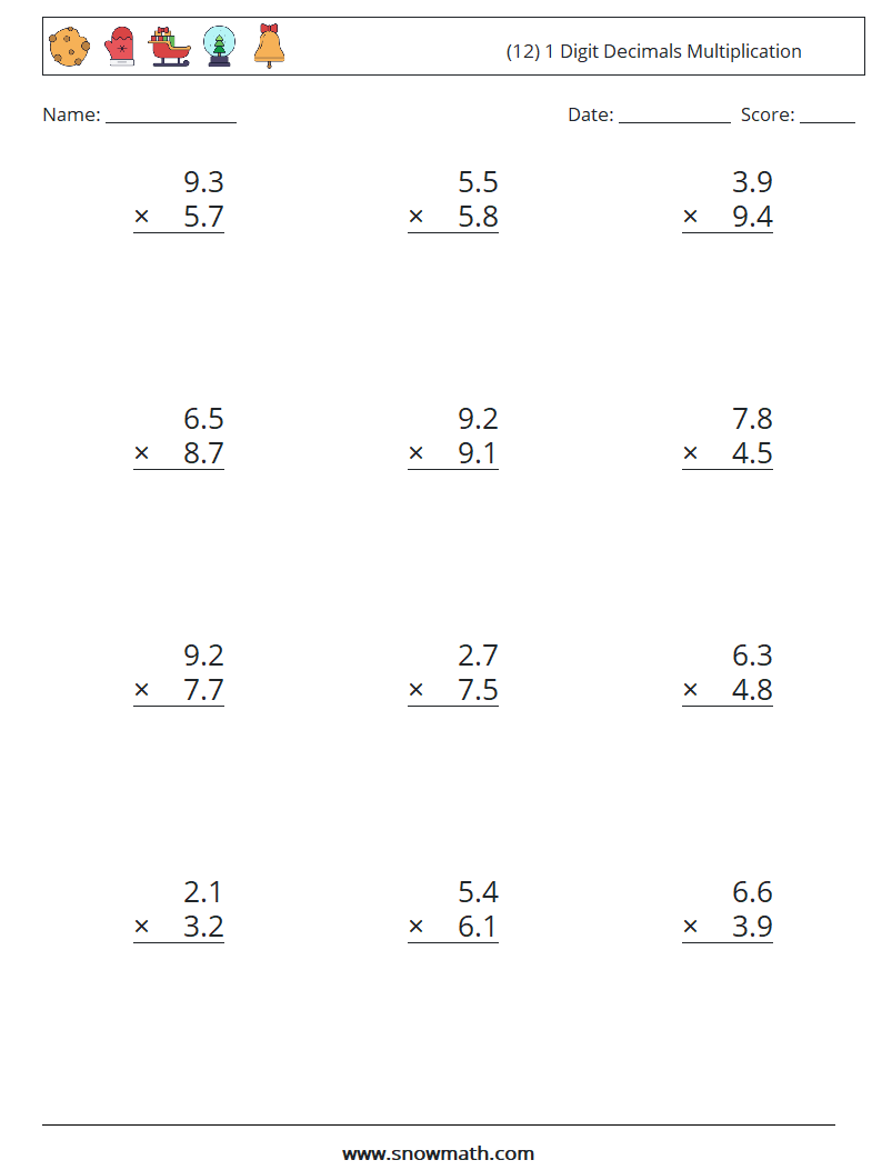 (12) 1 Digit Decimals Multiplication Maths Worksheets 18