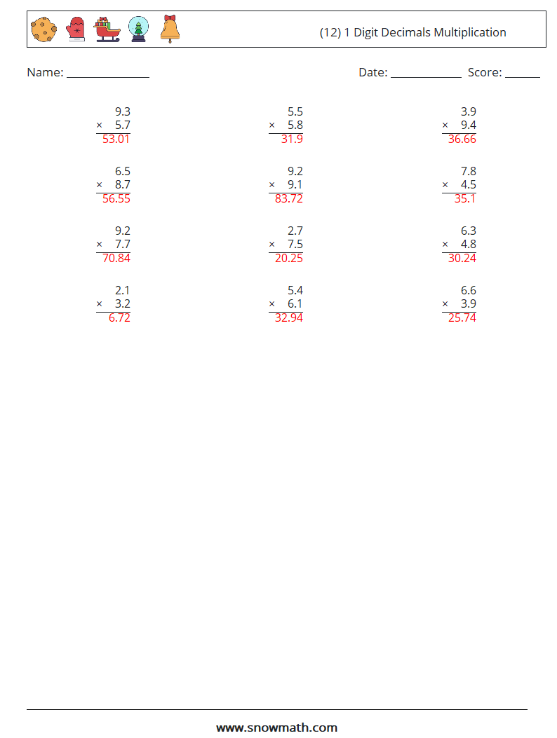 (12) 1 Digit Decimals Multiplication Maths Worksheets 18 Question, Answer