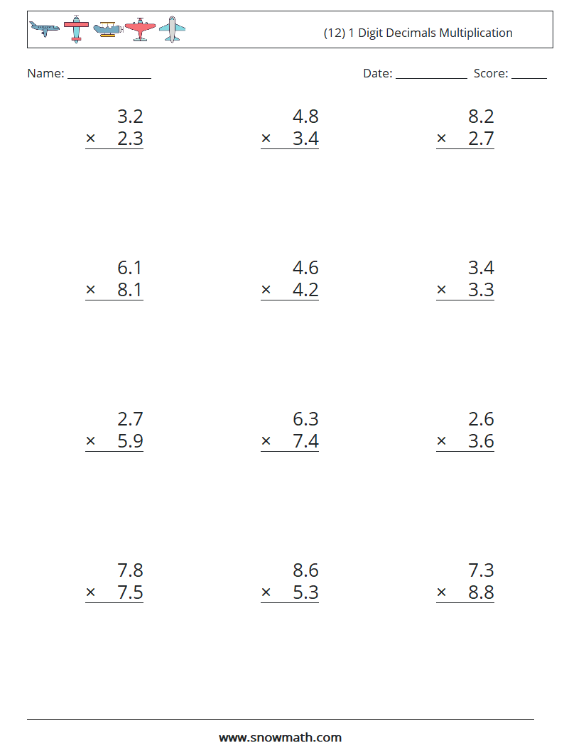 (12) 1 Digit Decimals Multiplication Maths Worksheets 8