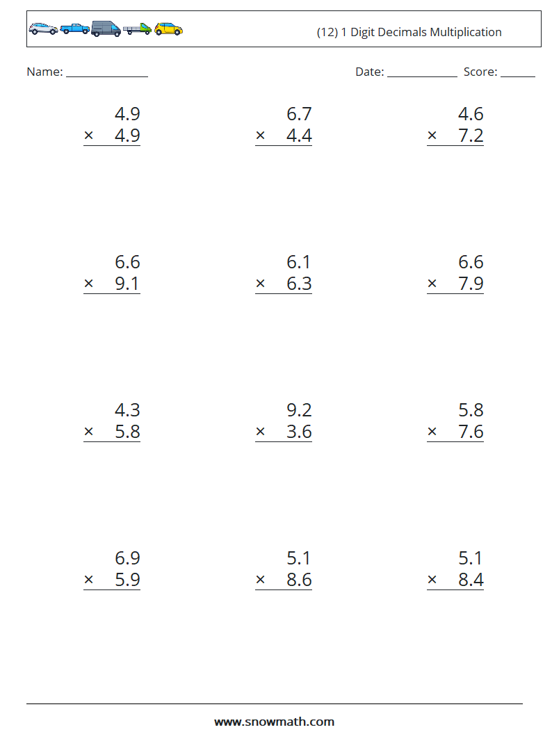 (12) 1 Digit Decimals Multiplication Maths Worksheets 9