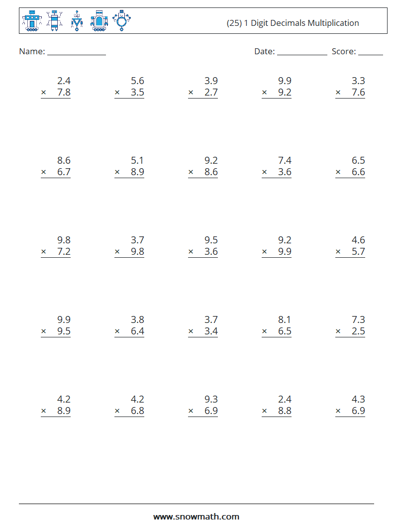(25) 1 Digit Decimals Multiplication Maths Worksheets 1