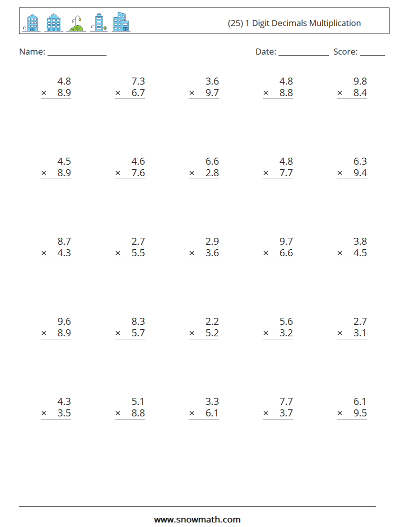 (25) 1 Digit Decimals Multiplication Maths Worksheets 17