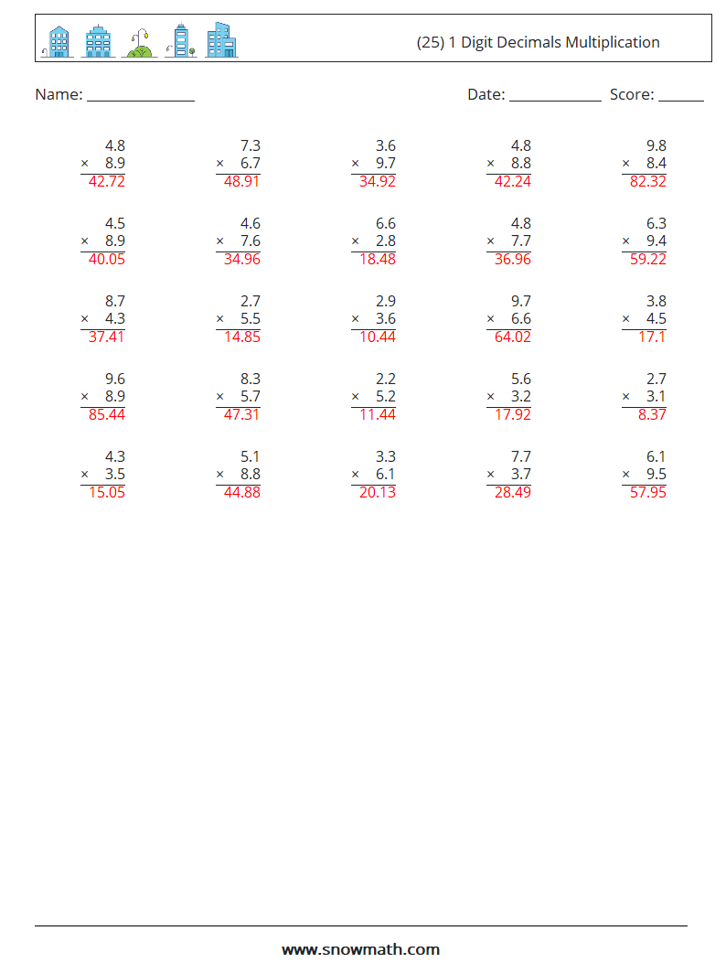 (25) 1 Digit Decimals Multiplication Maths Worksheets 17 Question, Answer