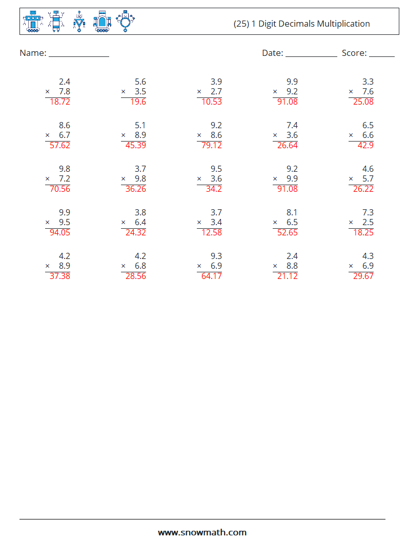 (25) 1 Digit Decimals Multiplication Maths Worksheets 1 Question, Answer