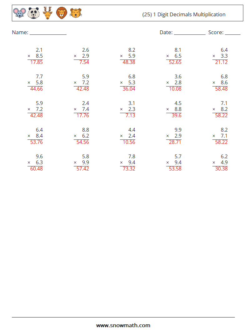 (25) 1 Digit Decimals Multiplication Maths Worksheets 2 Question, Answer