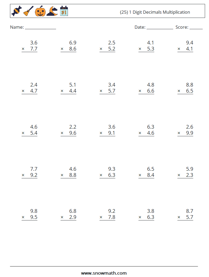 (25) 1 Digit Decimals Multiplication Maths Worksheets 3