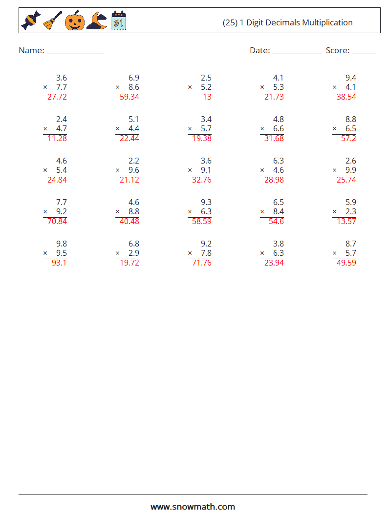 (25) 1 Digit Decimals Multiplication Maths Worksheets 3 Question, Answer
