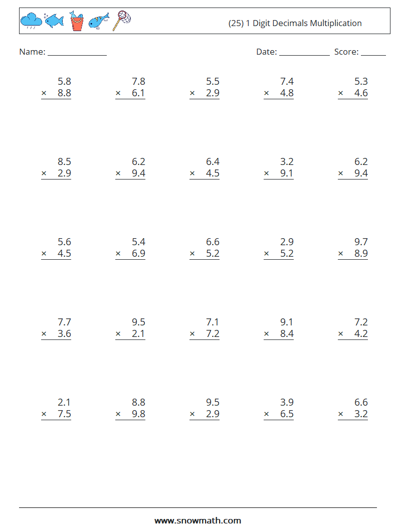 (25) 1 Digit Decimals Multiplication Maths Worksheets 4