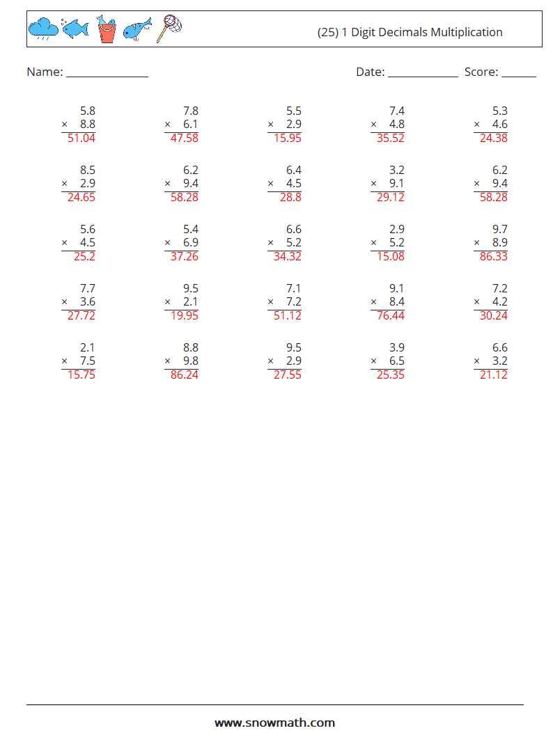 (25) 1 Digit Decimals Multiplication Maths Worksheets 4 Question, Answer