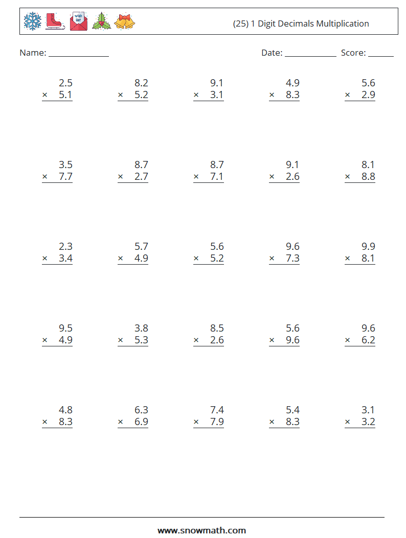 (25) 1 Digit Decimals Multiplication Maths Worksheets 5