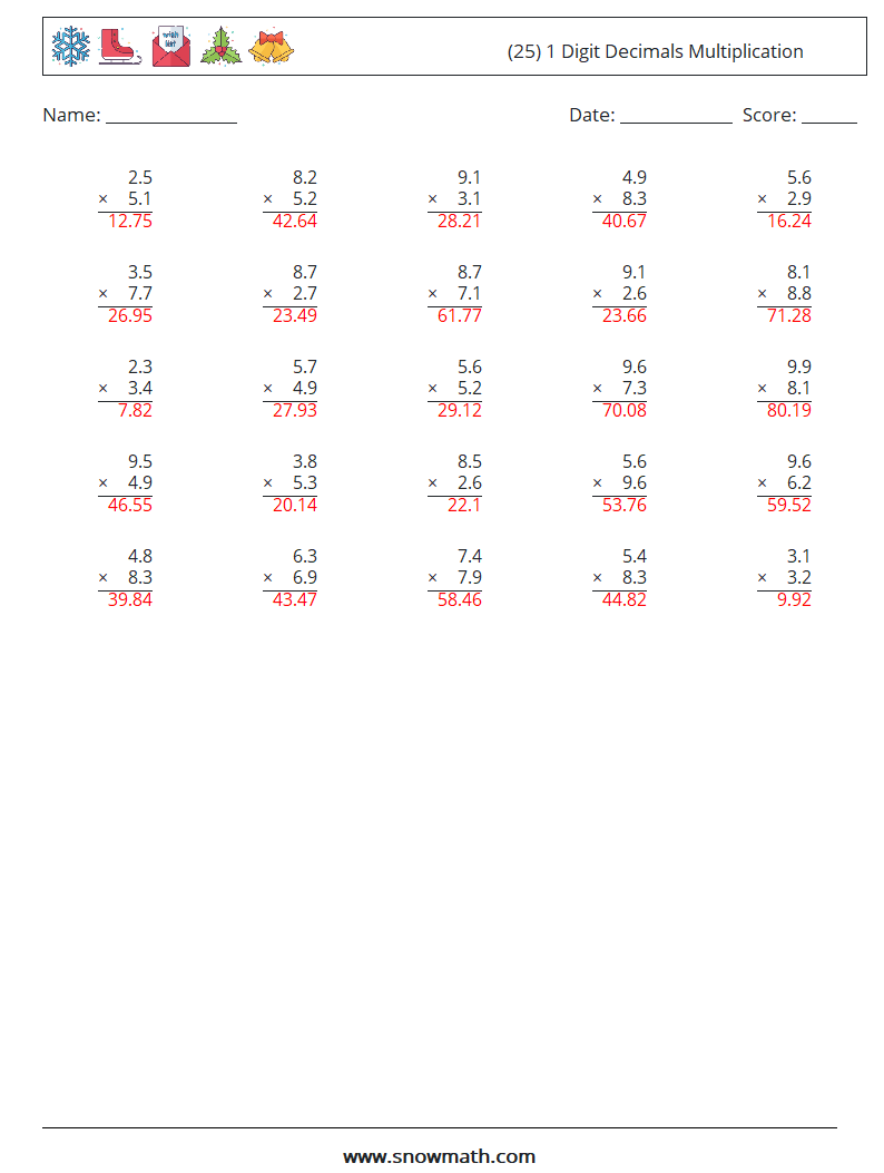 (25) 1 Digit Decimals Multiplication Maths Worksheets 5 Question, Answer