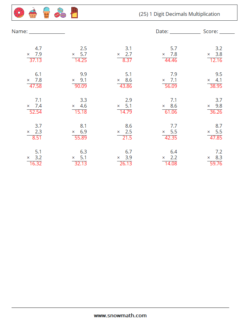 (25) 1 Digit Decimals Multiplication Maths Worksheets 6 Question, Answer