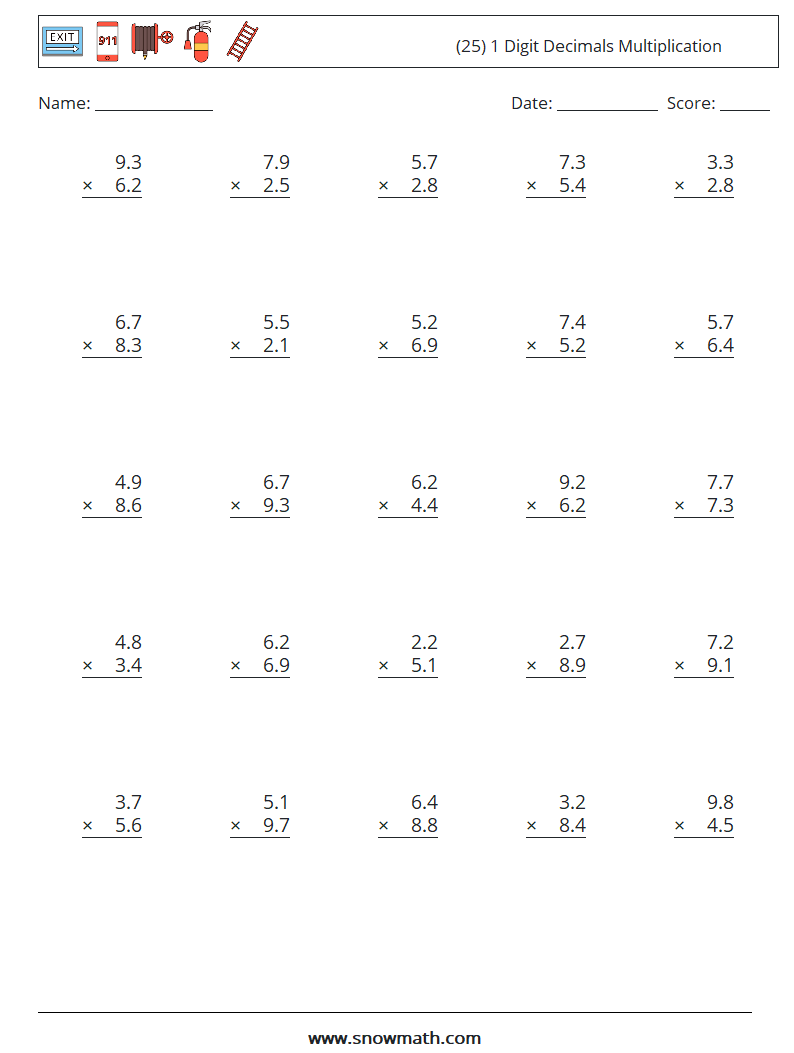 (25) 1 Digit Decimals Multiplication Maths Worksheets 7