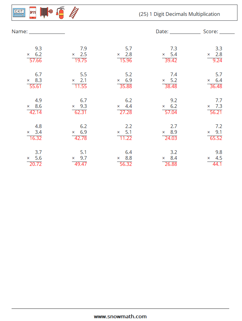 (25) 1 Digit Decimals Multiplication Maths Worksheets 7 Question, Answer