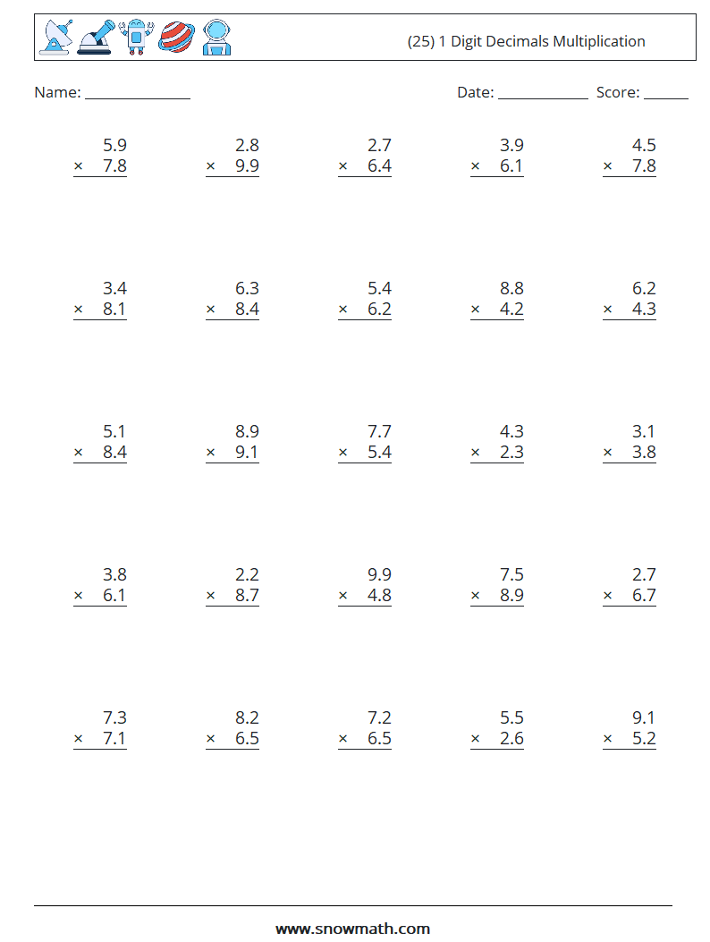 (25) 1 Digit Decimals Multiplication Maths Worksheets 8