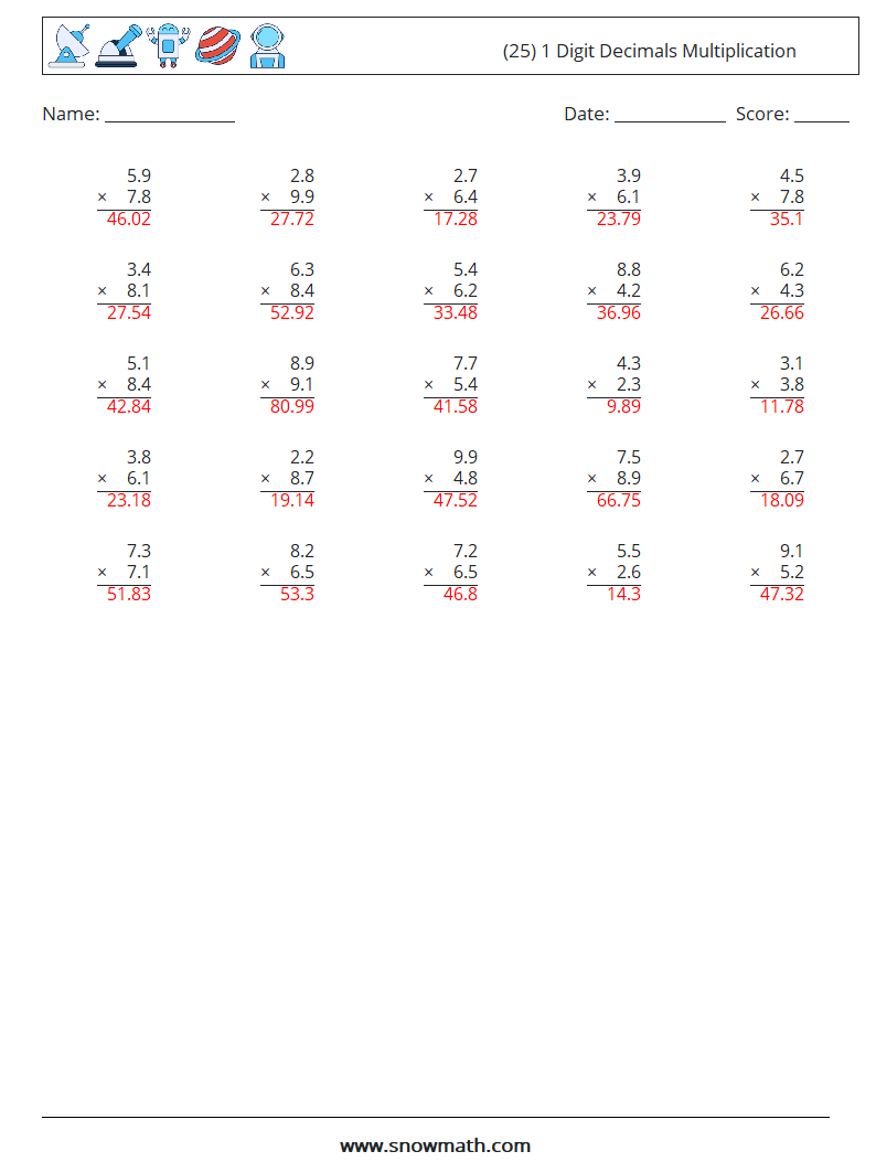 (25) 1 Digit Decimals Multiplication Maths Worksheets 8 Question, Answer