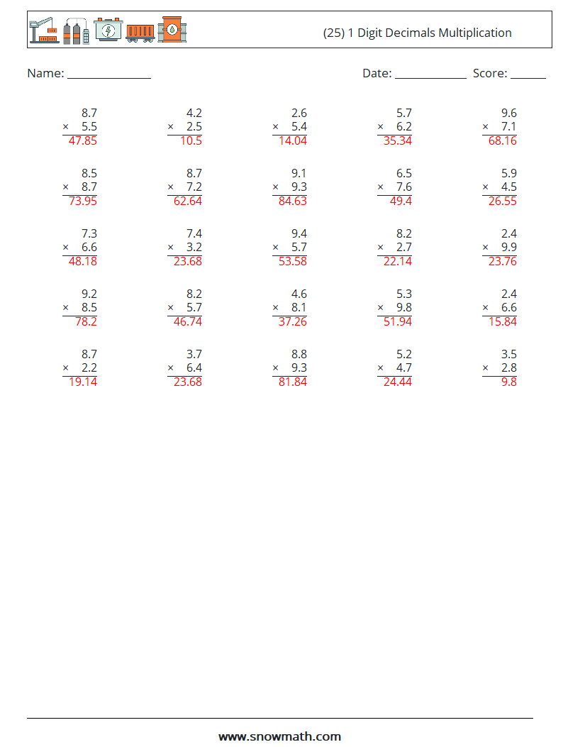 (25) 1 Digit Decimals Multiplication Maths Worksheets 9 Question, Answer