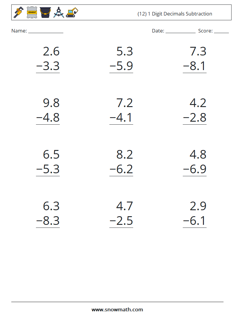 (12) 1 Digit Decimals Subtraction Maths Worksheets 1