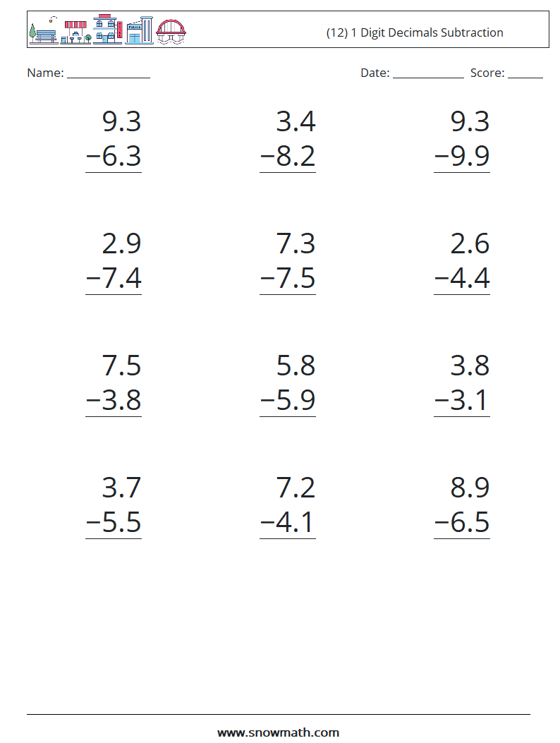 (12) 1 Digit Decimals Subtraction Maths Worksheets 10