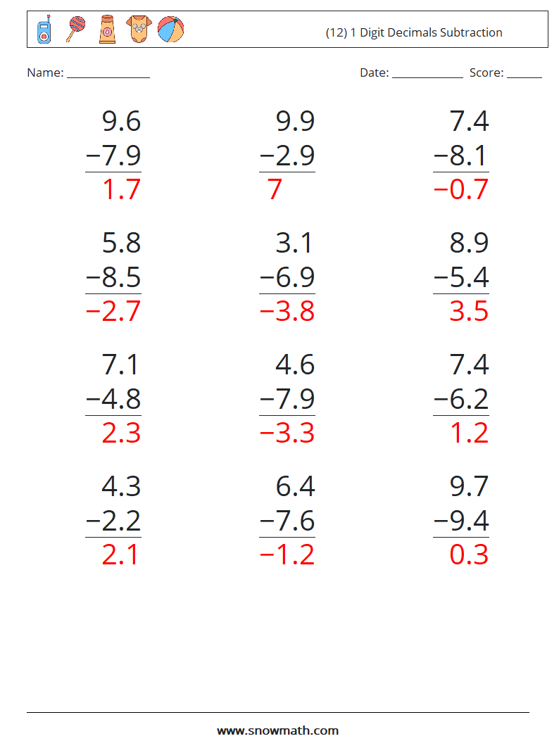 (12) 1 Digit Decimals Subtraction Maths Worksheets 18 Question, Answer