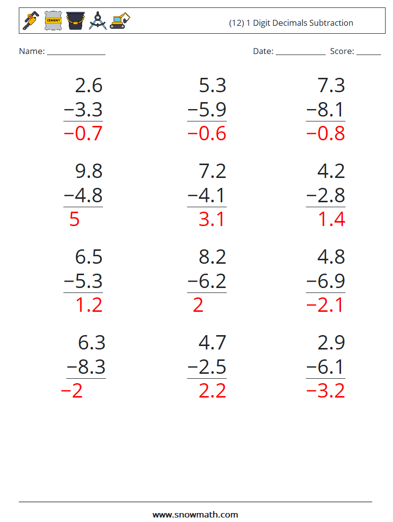 (12) 1 Digit Decimals Subtraction Maths Worksheets 1 Question, Answer