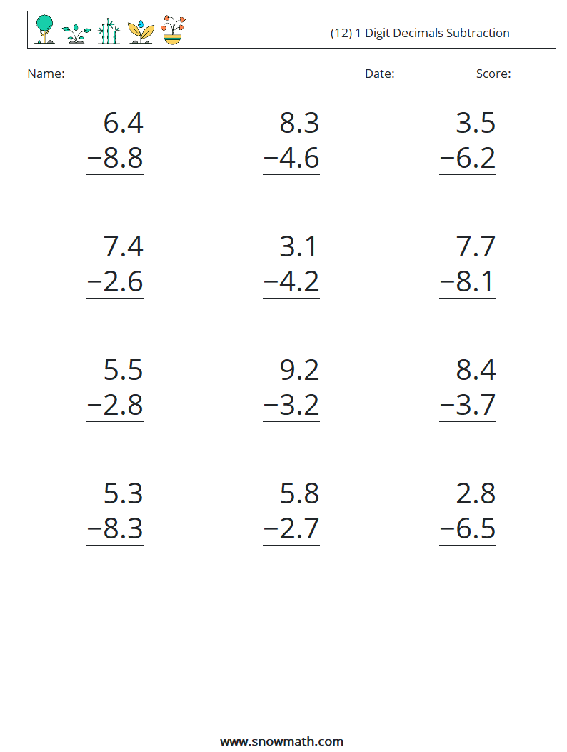 (12) 1 Digit Decimals Subtraction Maths Worksheets 2