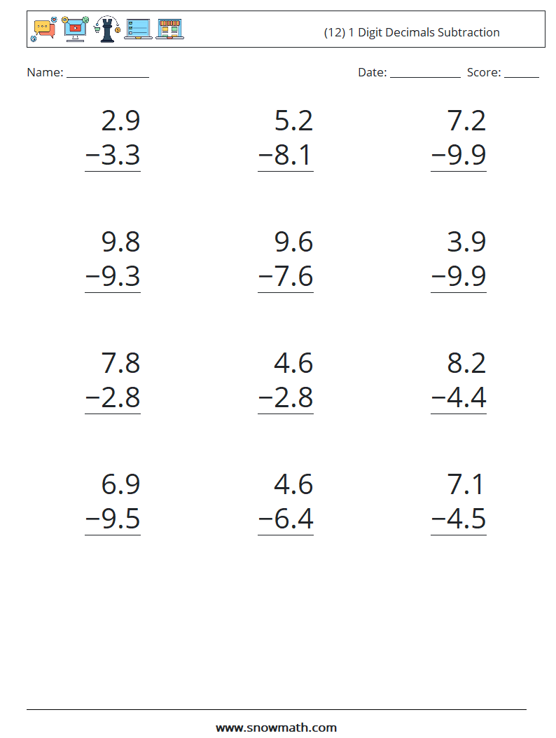 (12) 1 Digit Decimals Subtraction Maths Worksheets 3