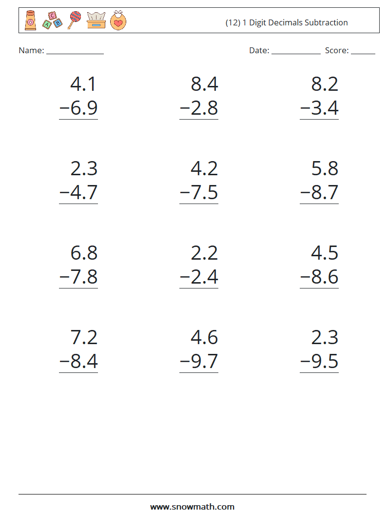 (12) 1 Digit Decimals Subtraction Maths Worksheets 4