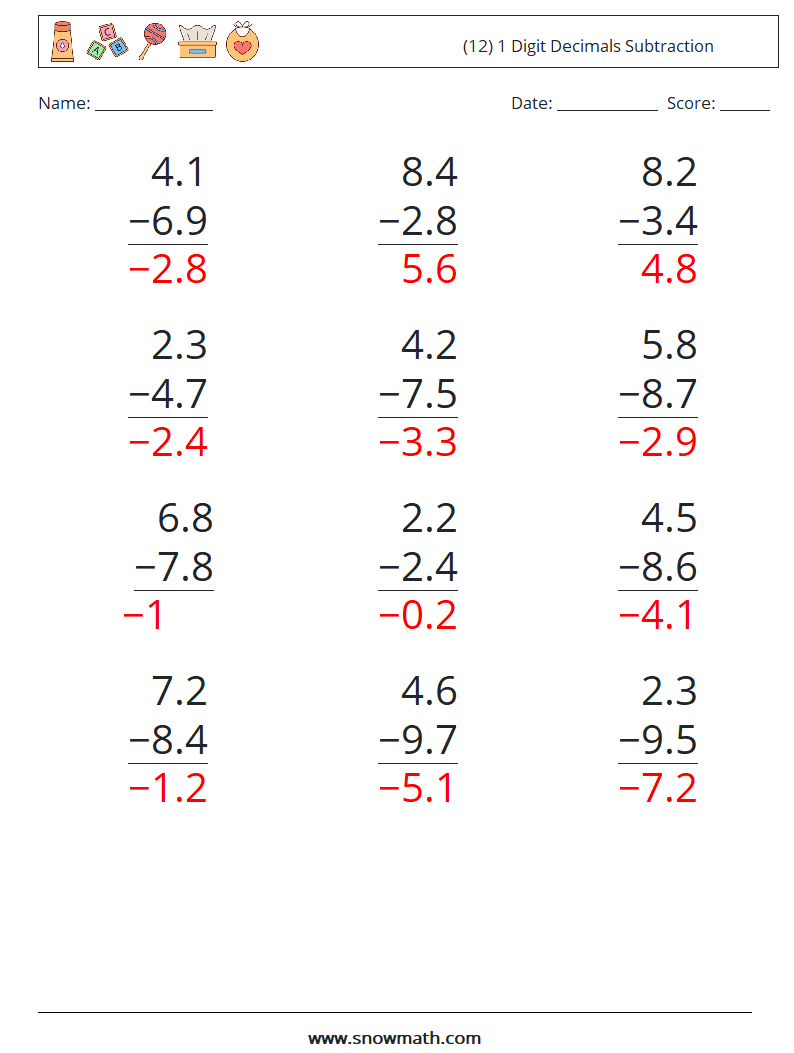 (12) 1 Digit Decimals Subtraction Maths Worksheets 4 Question, Answer