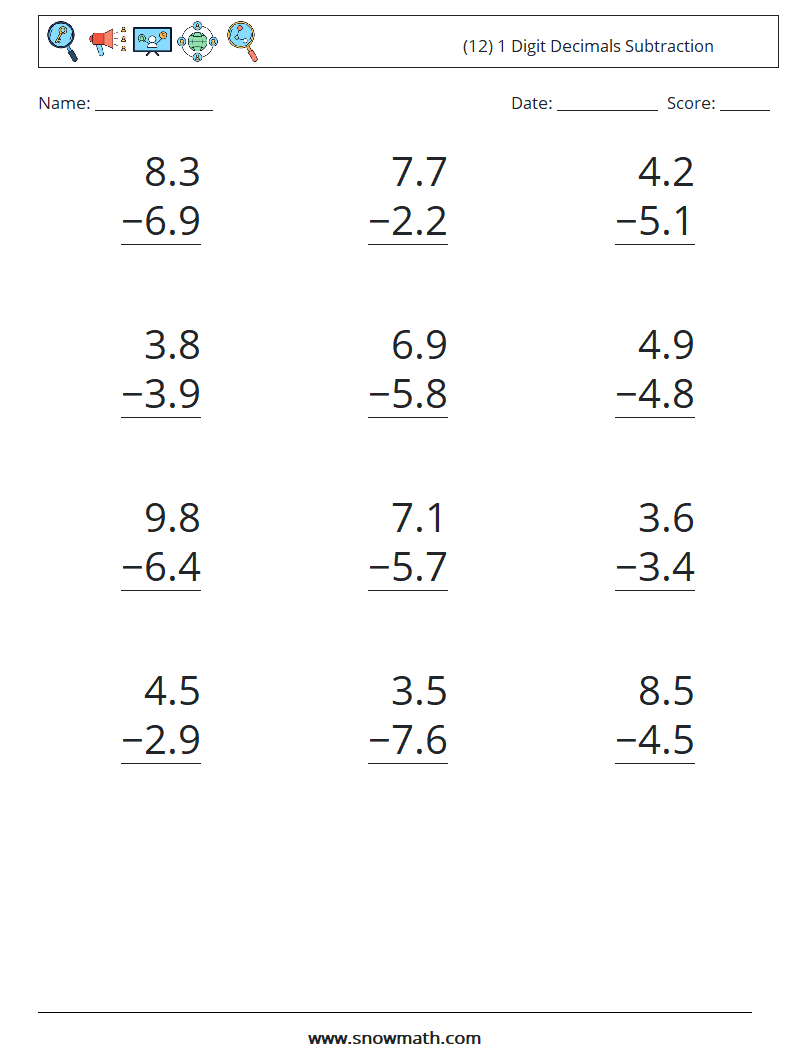 (12) 1 Digit Decimals Subtraction Maths Worksheets 5