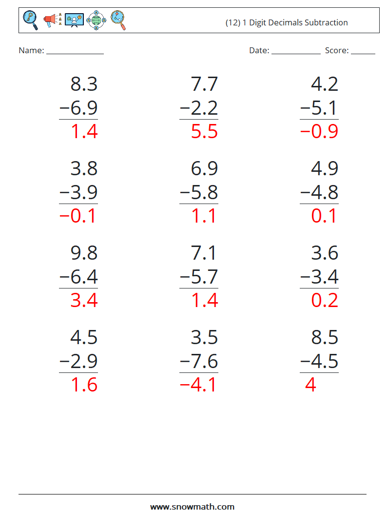 (12) 1 Digit Decimals Subtraction Maths Worksheets 5 Question, Answer