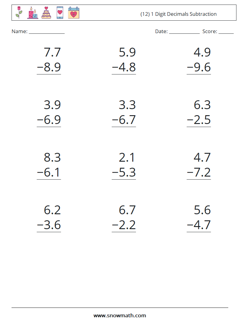 (12) 1 Digit Decimals Subtraction Maths Worksheets 6