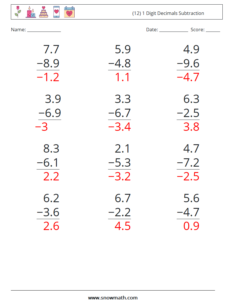 (12) 1 Digit Decimals Subtraction Maths Worksheets 6 Question, Answer