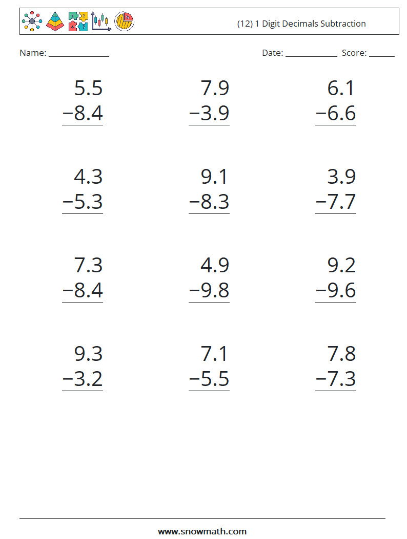 (12) 1 Digit Decimals Subtraction Maths Worksheets 7