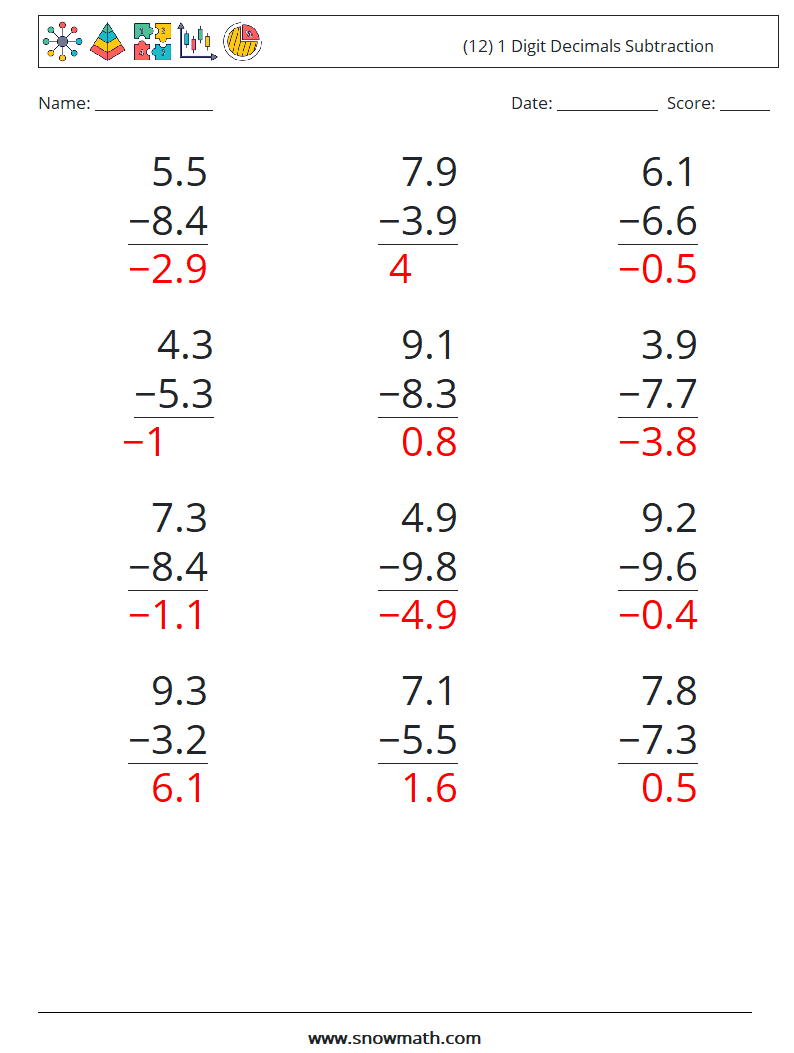 (12) 1 Digit Decimals Subtraction Maths Worksheets 7 Question, Answer