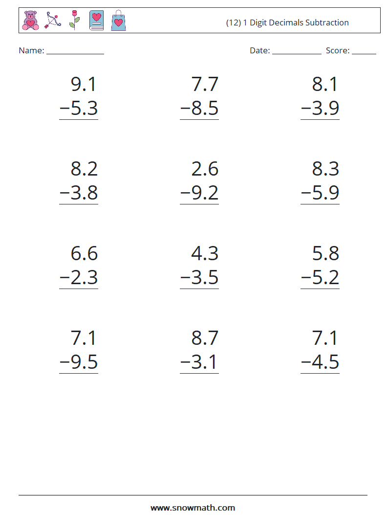 (12) 1 Digit Decimals Subtraction Maths Worksheets 8