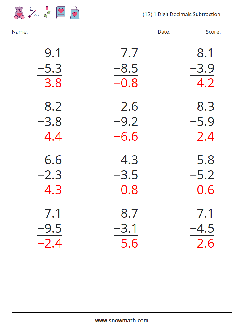 (12) 1 Digit Decimals Subtraction Maths Worksheets 8 Question, Answer