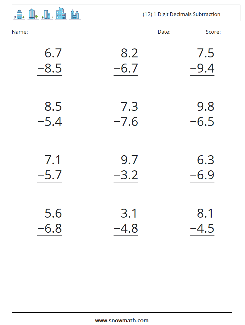 (12) 1 Digit Decimals Subtraction Maths Worksheets 9