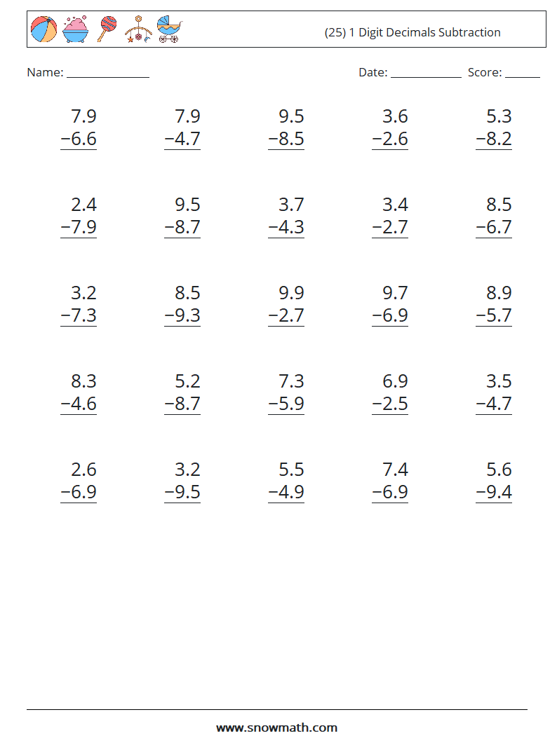 (25) 1 Digit Decimals Subtraction Maths Worksheets 11