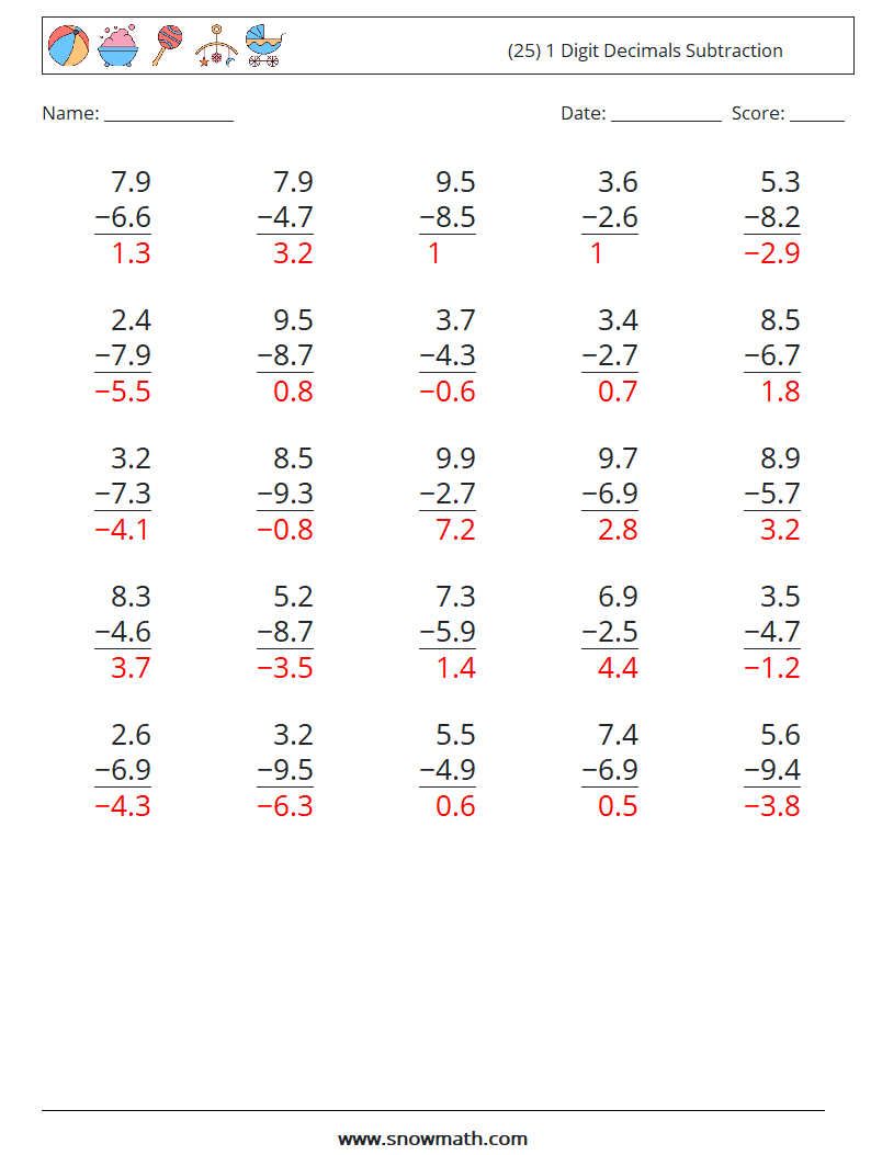 (25) 1 Digit Decimals Subtraction Maths Worksheets 11 Question, Answer