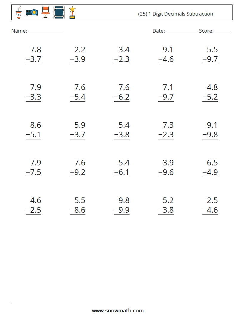 (25) 1 Digit Decimals Subtraction Maths Worksheets 12