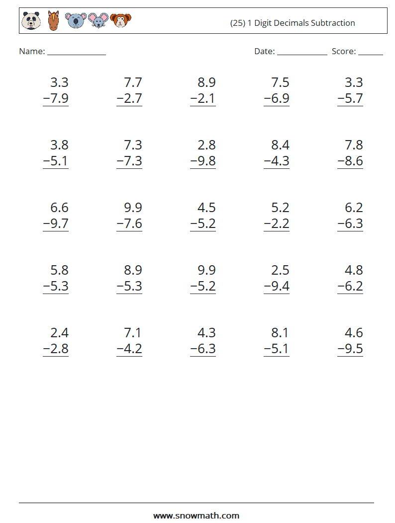 (25) 1 Digit Decimals Subtraction Maths Worksheets 13