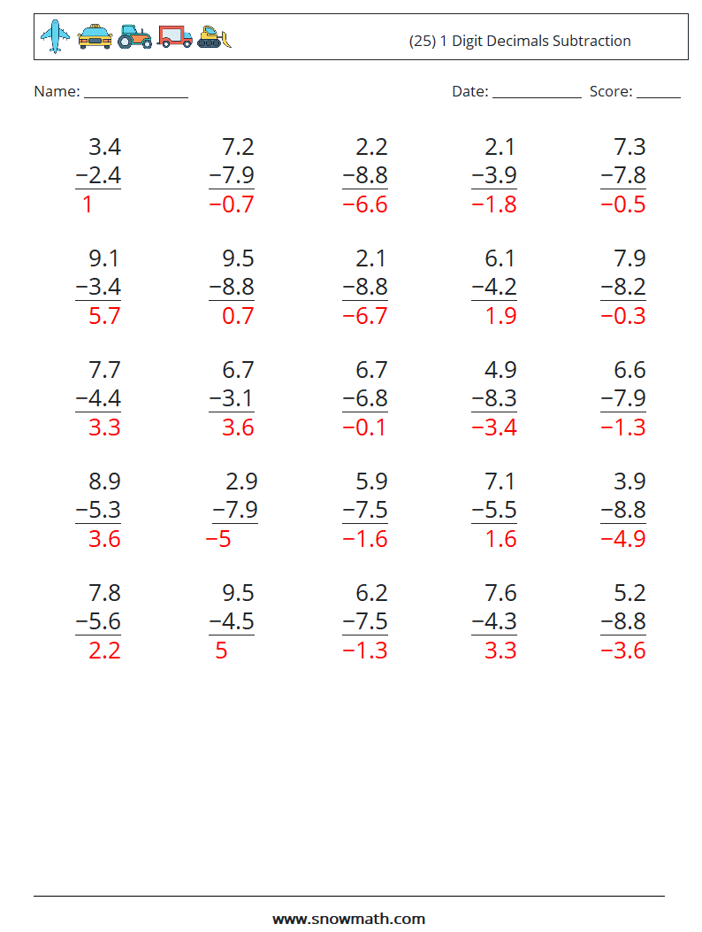 (25) 1 Digit Decimals Subtraction Maths Worksheets 14 Question, Answer