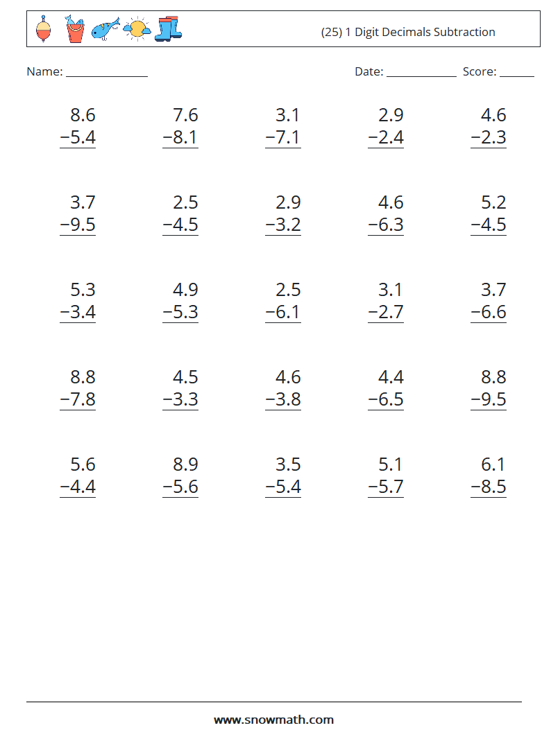 (25) 1 Digit Decimals Subtraction Maths Worksheets 15